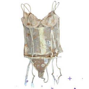 Vintage Corset Set Y2K Sheer Embroidered Lingerie Size Medium